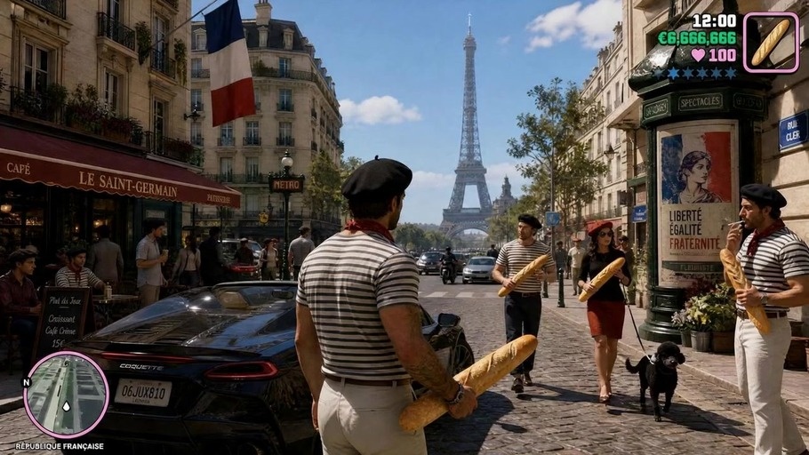 A video game character in a striped shirt runs through Paris streets holding a baguette while police officers chase him wielding bread weapons.