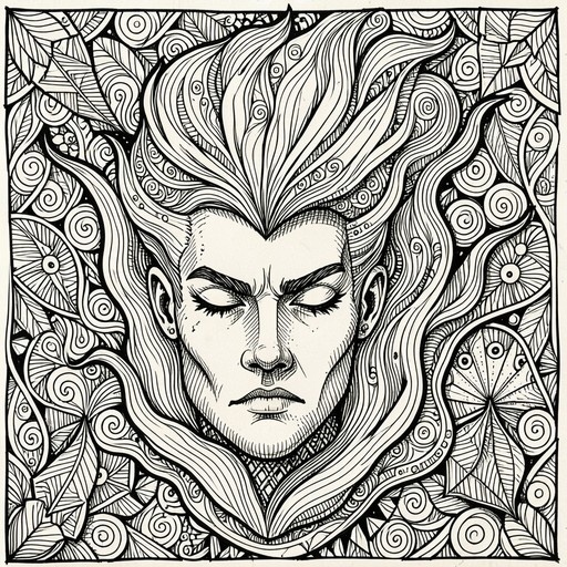 A detailed black and white ink drawing of a man with long flowing hair and closed eyes, surrounded by swirling leaf patterns.