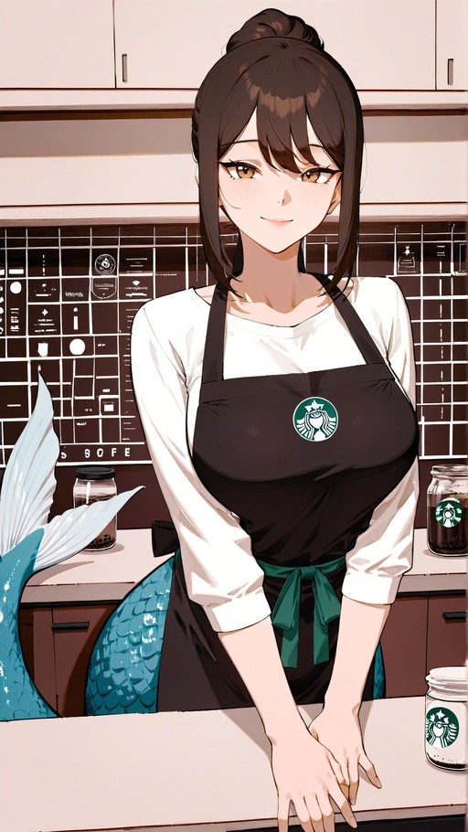 An anime-style illustration of a smiling mermaid barista with brown hair in a bun and a teal fish tail, wearing a black apron with a green siren logo behind a coffee counter.