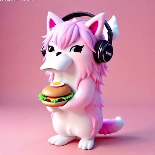A pink furry character wearing headphones holds a burger, followed by a man in a white bodysuit with a cat drawing sitting in a futuristic chair while an audience watches.
