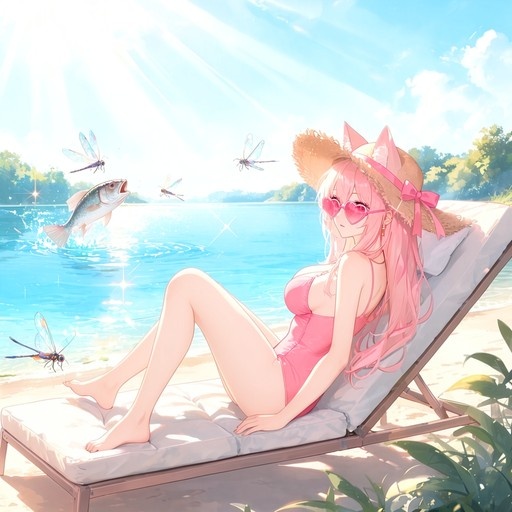 Pink-haired anime girl with cat ears in a pink swimsuit and heart sunglasses lounging on a beach chair near sparkling water with flying dragonflies.