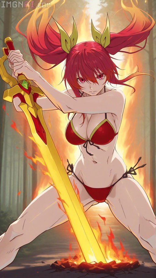 Stella Vermillion in a red bikini holding a large flaming sword in a fiery forest setting.