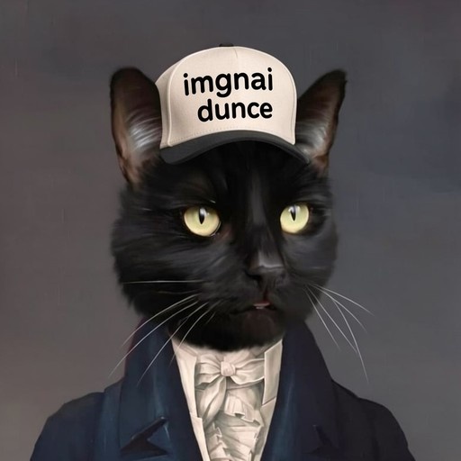 A realistic black cat with yellow eyes wearing a white baseball cap labeled "dunce" and a dark blue formal coat over a ruffled shirt.