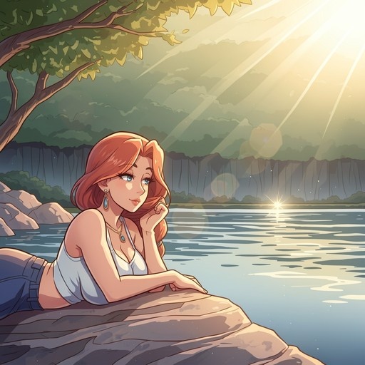 A young woman with long reddish-brown hair and blue eyes lies on her stomach on a large rock by a river, wearing a white crop top and denim bottoms while sunlight filters through the trees behind her.