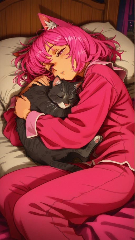 Anime girl with pink hair and cat ears sleeping in bed while hugging a black cat