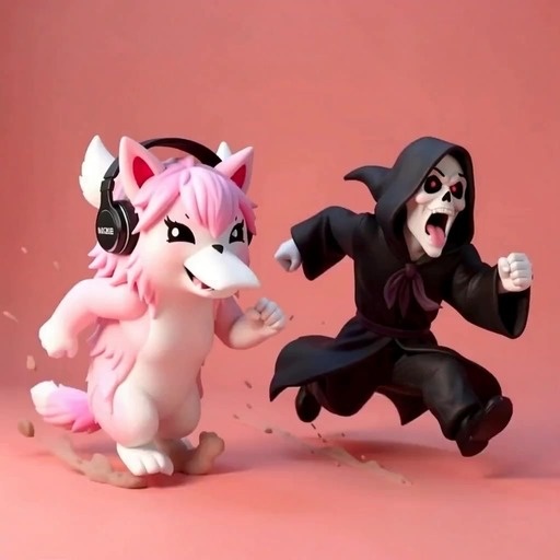 A pink and white furry character with headphones dances next to a Grim Reaper figure in a black robe.