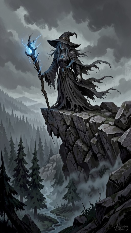 A female witch with long hair and a pointed hat stands on a rocky cliff holding a glowing blue staff, overlooking a misty pine forest.