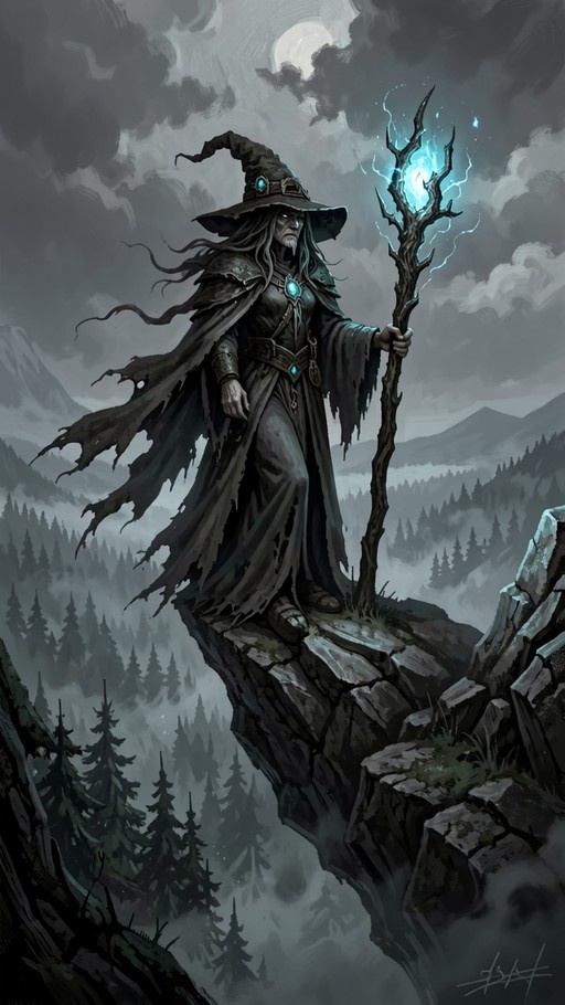 An elderly wizard with long grey hair and a goatee stands on a rocky cliff edge holding a gnarled staff with a glowing blue crystal. He wears a tattered dark cloak and a pointed hat against a backdrop of misty pine trees and a cloudy moonlit sky.