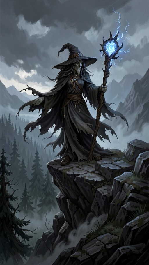 An elderly wizard in a pointed hat and torn black robe stands on a rocky cliff holding a staff with blue lightning, overlooking a misty forest and mountains.