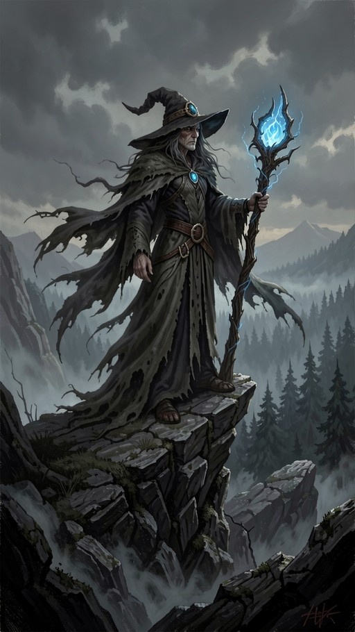 An elderly wizard in a tattered dark cloak and pointed hat stands on a rocky cliff edge holding a gnarled staff topped with glowing blue magical energy, overlooking a misty pine forest.