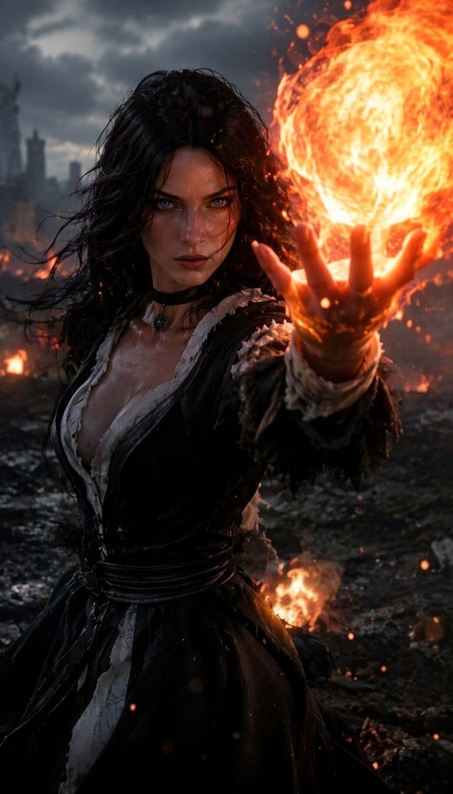 A woman with long dark hair and a tattered black dress holds a large ball of fire in her hand while standing in a ruined landscape.