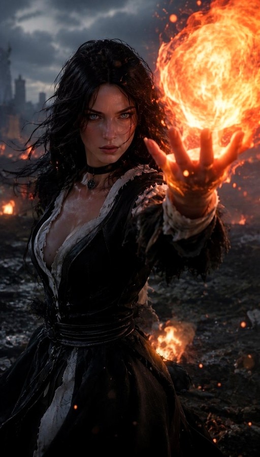 A dark-haired woman in a black dress conjures a fireball in her hand against a backdrop of burning city ruins.
