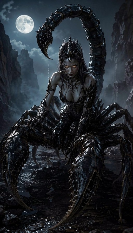 A pale-skinned female monster with a large black scorpion tail and multiple spider-like legs stands in a rocky canyon under a bright full moon, her yellow eyes glowing.