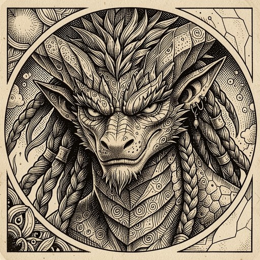 A detailed black and white ink illustration of a male dragon character with long braided hair, visible scales on his neck, and an intense gaze.