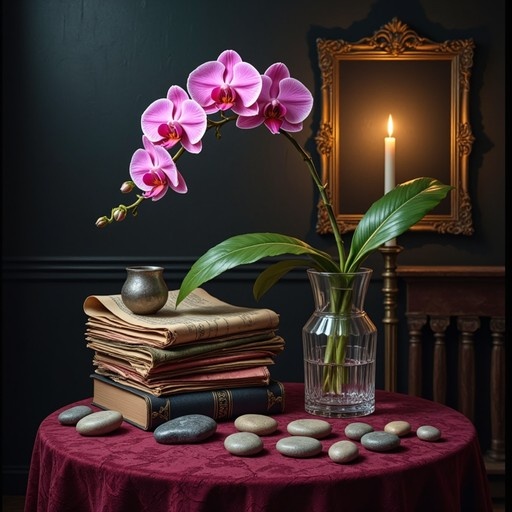Pink orchids in a glass vase next to a stack of old books and smooth stones on a table with a candlelit mirror reflection.