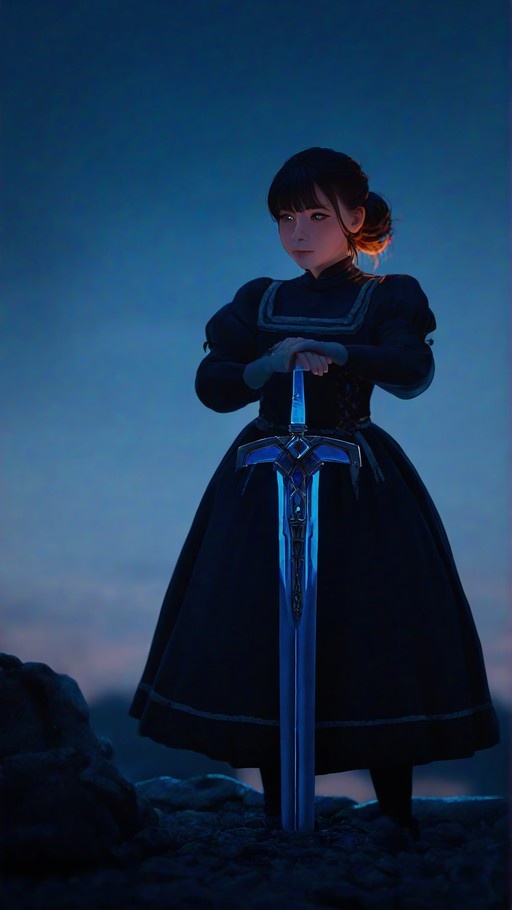 A young woman with dark hair in a bun stands outdoors holding a large glowing blue sword planted vertically into the rocky ground, wearing a black medieval dress with puffy sleeves against a twilight sky.