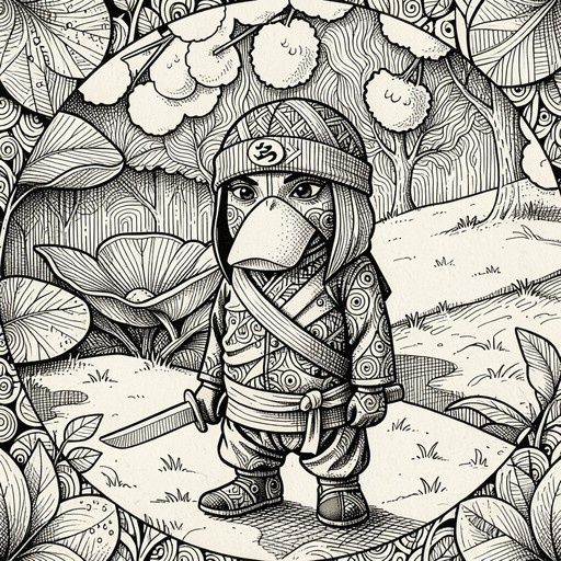 A black and white line art illustration of a chibi bird-like ninja character holding a sword in a forest setting.