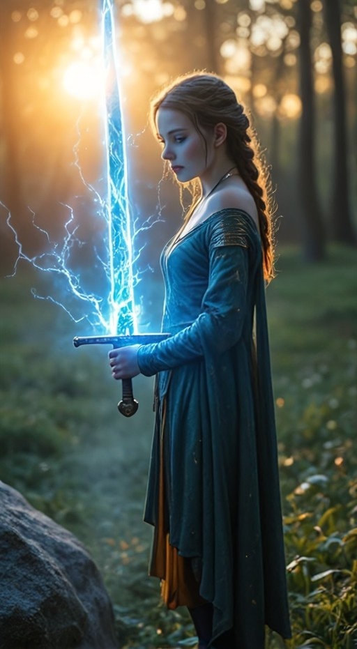 A side-profile digital illustration of a fantasy warrior woman with long braided hair, wearing a teal dress and holding a vertical sword crackling with bright blue electricity against a sunlit forest backdrop.