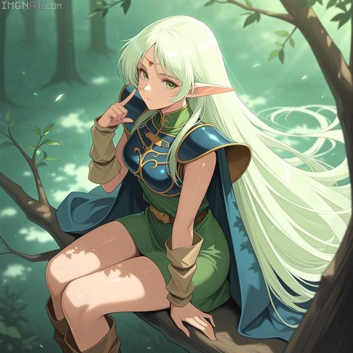 Digital illustration of the elf warrior Deedlit from Record of Lodoss War sitting on a tree branch in a sunlit forest, wearing blue and green armor with long white hair.