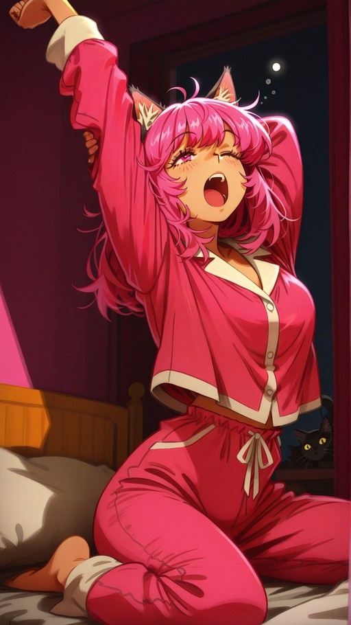 A pink-haired anime girl with cat ears stretches and yawns while sitting on a bed in pink pajamas, with a black cat visible near the window behind her.