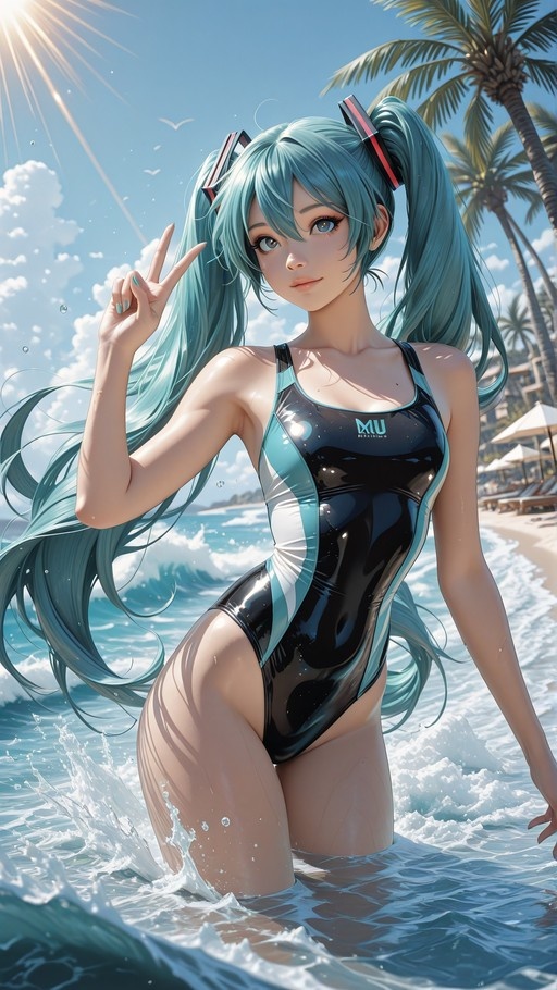 Hatsune Miku in a black and teal swimsuit wading in the ocean while making a peace sign.