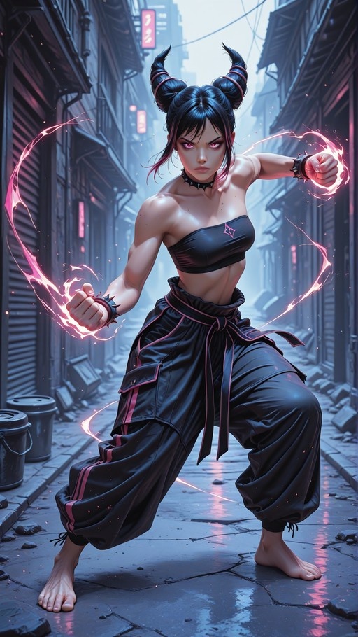 Juri Han from Tekken stands barefoot in a dark alley, wearing baggy pants and a strapless top, with glowing pink energy swirling around her fists.