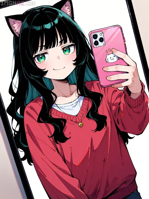 An anime-style cat-girl with black hair and teal highlights takes a mirror selfie holding a pink smartphone with a cat design on the case, wearing a red sweater and bell necklace.