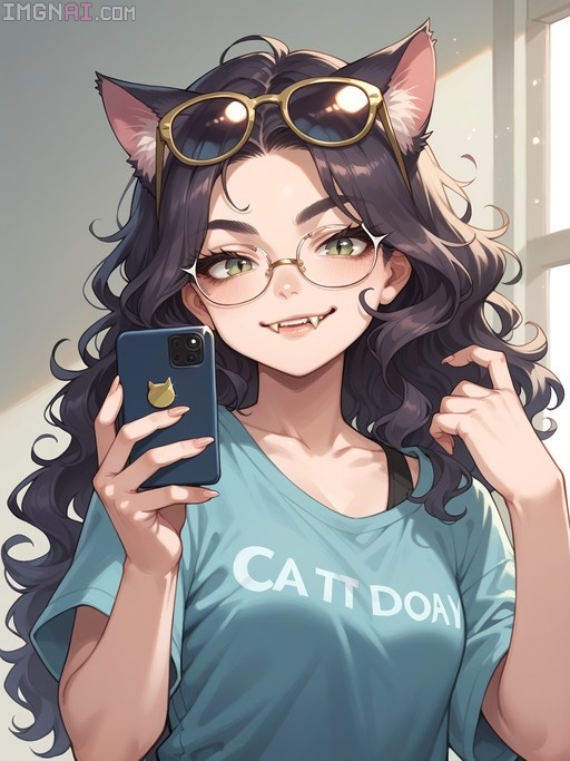Anime-style cat-girl with long dark hair and green eyes taking a selfie, wearing round wire glasses on her face and gold sunglasses on her head, smiling to reveal small fangs while holding a blue smartphone.