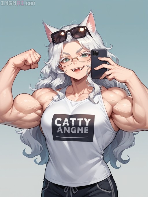 A muscular anime girl with white hair and cat ears flexes her arms while holding a phone for a selfie.