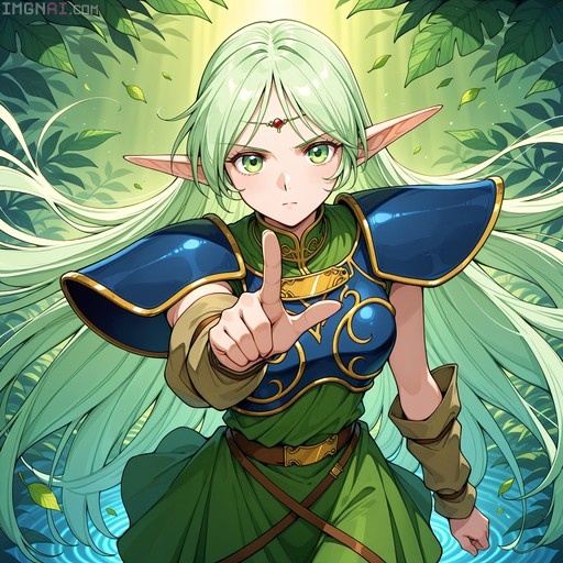 Digital illustration of Deedlit from Record of Lodoss War, an elf with long green hair and pointed ears wearing blue and gold armor, pointing her finger at the viewer amidst a swirling leaf storm in a forest.