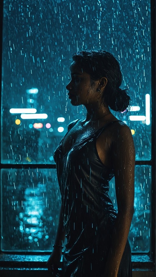 A profile view of a dark-skinned woman in a black dress standing by a rainy window at night with city lights in the background.
