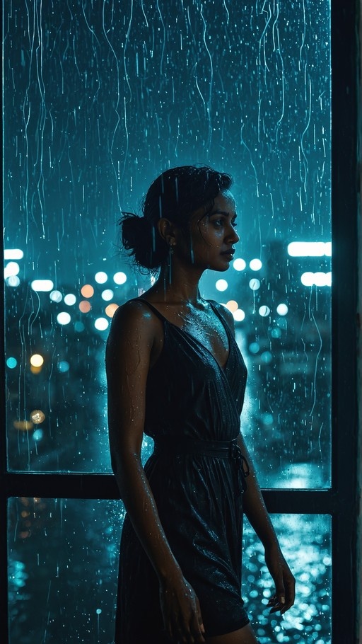 A profile view of a dark-skinned woman with black hair in a bun wearing a black dress, standing by a window looking out at heavy rain and blurred city lights at night.