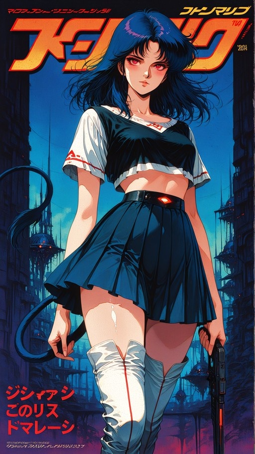 A blue-haired anime girl with red eyes and a tail stands holding a handgun against a futuristic city backdrop, styled as a retro 1980s magazine cover with Japanese text.
