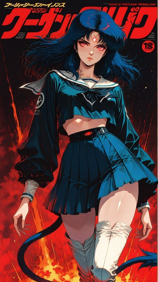 A retro anime-style illustration of a girl with long blue hair, red eyes, and a cat tail wearing a blue sailor uniform against a red background.