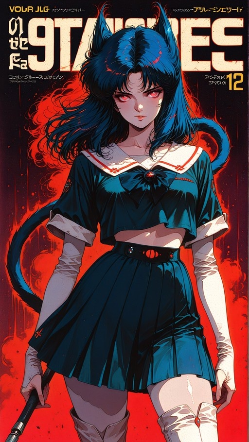 A blue-haired anime cat girl with red eyes stands on a vintage magazine cover wearing a dark teal sailor uniform and holding a staff against a red background.