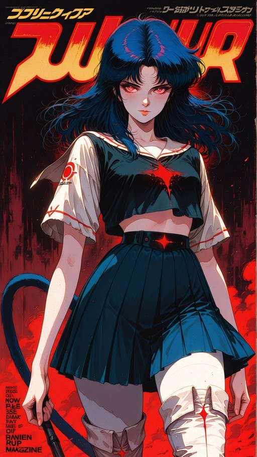 A blue-haired anime girl with red eyes and a cat tail wearing a sailor uniform and holding a whip.