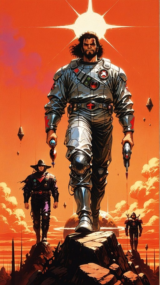 A bearded man in silver futuristic armor stands on a rocky peak holding two ray guns against an orange sky, flanked by two smaller figures including one in a cowboy hat.