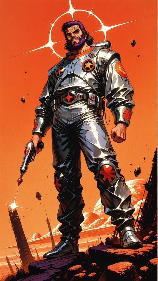 A bearded man with purple hair in shiny silver armor holding a ray gun on an alien planet.