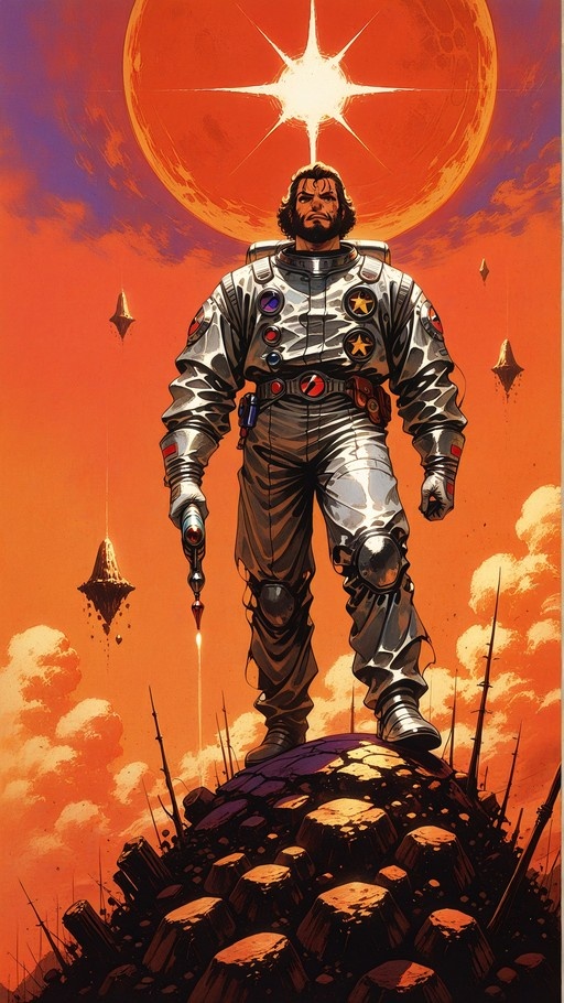 A bearded astronaut in a silver spacesuit stands on a rocky hill holding a ray gun against an orange sky with a large sun.