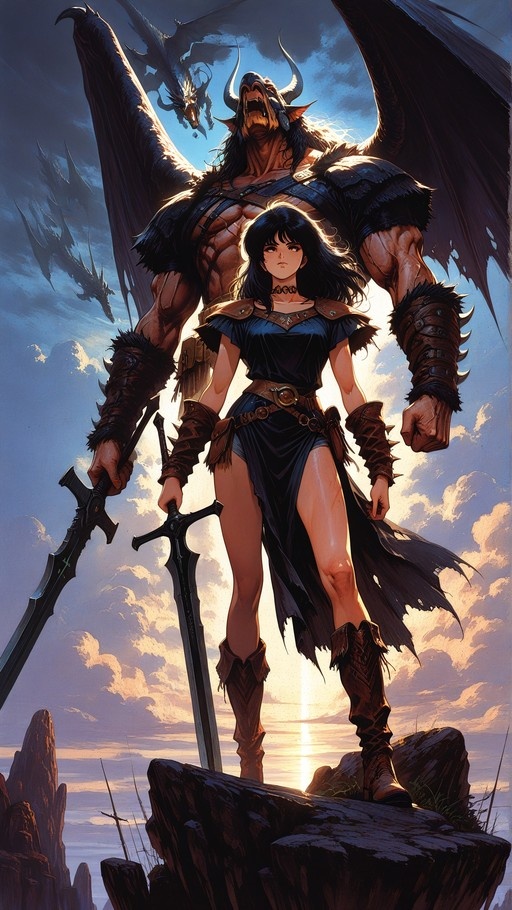 A black-haired female warrior holding a large sword stands in front of a towering muscular demon with wings and horns on a rocky cliff under a cloudy sky.