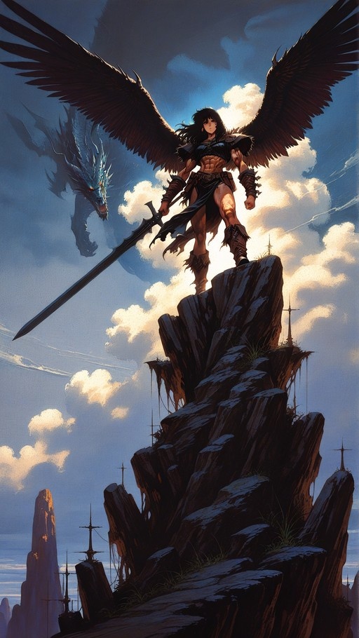 A muscular woman with large black wings stands on a rocky cliff holding a sword, with a dragon visible in the cloudy blue sky behind her.