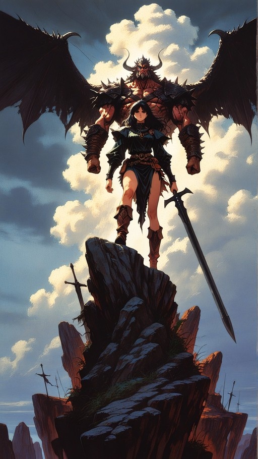 A black-haired female warrior in armor stands on a rock holding a large sword, with a massive winged demon looming behind her against a cloudy sky.