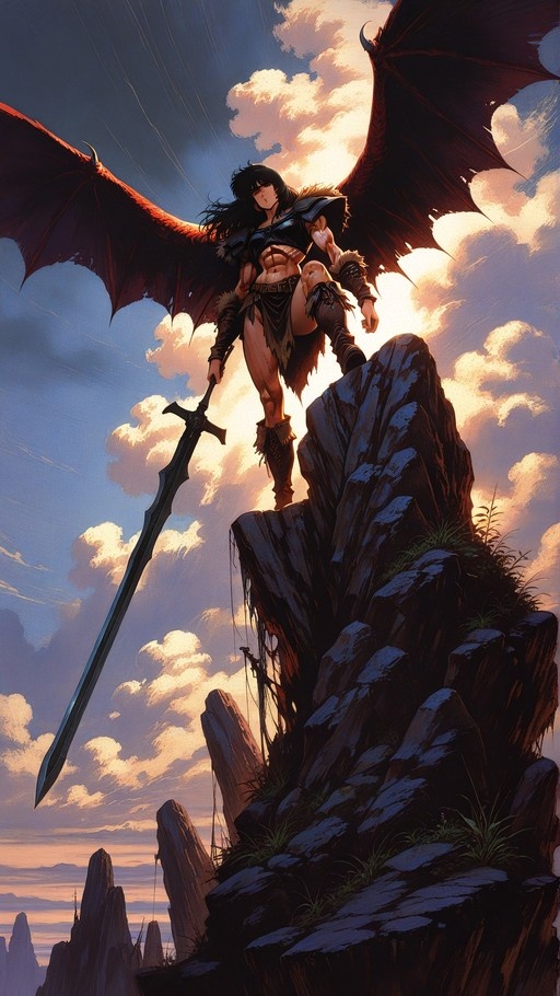 Muscular female warrior with large red demon wings and long black hair stands on a rocky cliff holding a giant sword against a cloudy sunset sky.