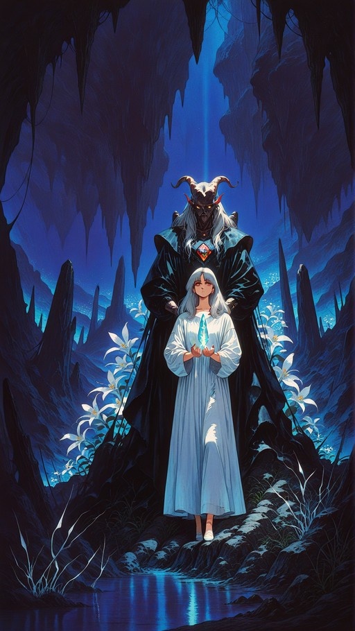 A white-haired girl in a white robe holds a glowing blue crystal while standing in front of a large horned demon in a dark cave with white flowers.