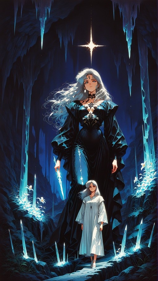 A tall woman with long white hair in a black dress stands next to a smaller girl in a white dress inside a dark cave filled with glowing blue crystals and icicles.