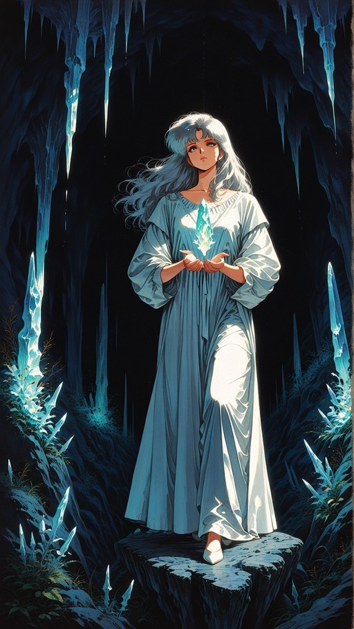 A young woman with long white hair in a flowing dress stands in a dark cave holding a glowing blue crystal.