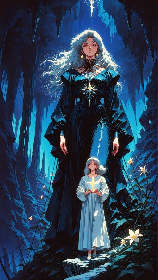 A tall woman with long silver hair in a black dress stands behind a young girl holding a glowing yellow crystal in a blue cave filled with white flowers.