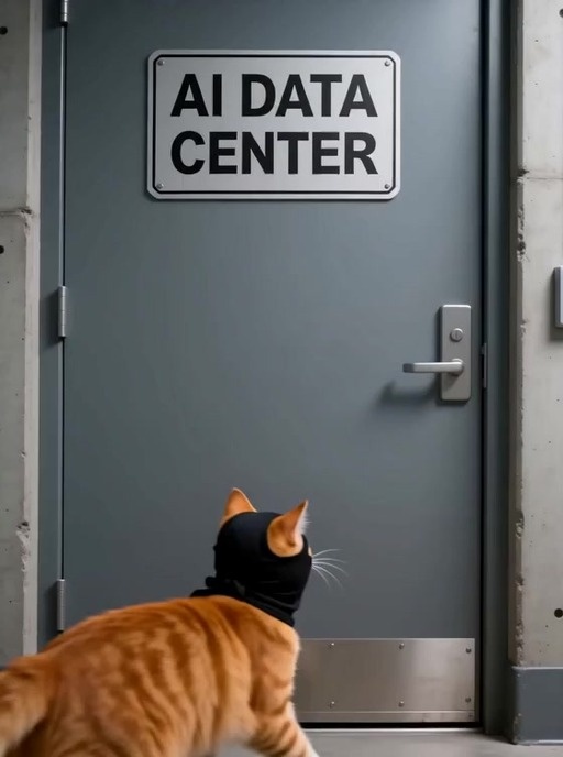 An orange tabby cat wearing a black balaclava walks on its hind legs through an AI data center server room and pulls the main power lever to shut down the facility.