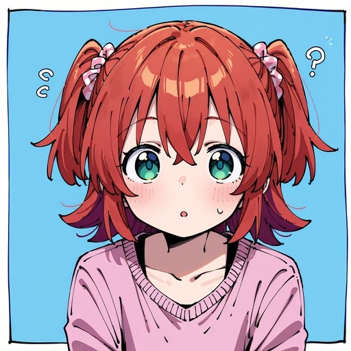 Anime illustration of Kurosawa Ruby with reddish-orange twin tails and teal eyes, blushing and sweating while looking confused in a pink sweater.