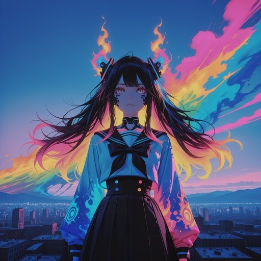 Anime girl with long multi-colored hair and flames on her head wearing a blue sailor uniform against a city skyline.